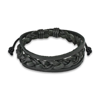 Bracelet en cuir noir avec torsade au centre et bandes latrales