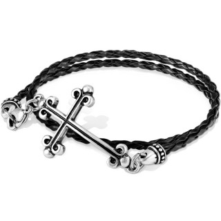 Bracelet homme  croix fleur de lys et double tresse similicuir