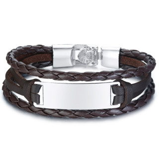 Bracelet homme  tresses de cuir marron et plaque mtal grise