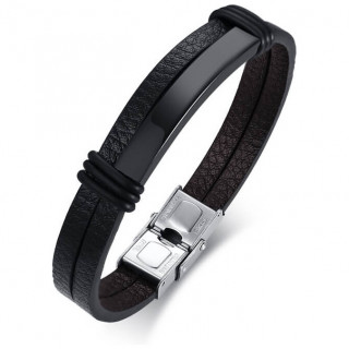 Bracelet homme  bandes similicuir et demi plaque d'acier Noire