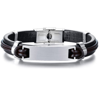 Bracelet homme cuir noir et marron  plaque acier inox