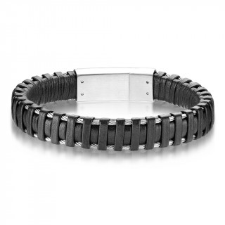 Bracelet homme cuir noir travers de filins d'acier