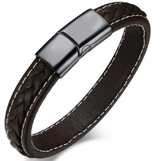 Bracelet homme cuir surpiqu et tress  attache acier noire