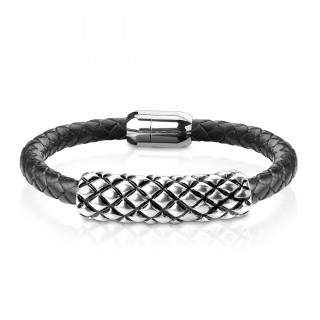 Bracelet homme  cylindre Inox gauffr et tresse similicuir