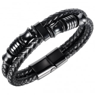 Bracelet homme double tresse cercl de bagues noires en acier style mcanique