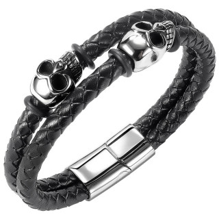 Bracelet homme double tresse similicuir  cranes d'acier