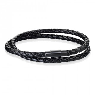 Bracelet homme double tresse similicuir cuir noire  attache aimente