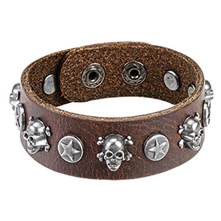 Bracelet homme en cuir craquel marron avec cranes et toiles