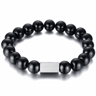 Bracelet homme en perles noires  plaque en acier bross