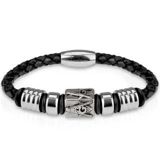 Bracelet homme franc-maon en cuir tress et acier