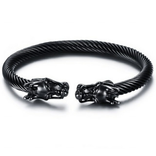 Bracelet homme jonc en acier vrill noir  ttes de dragon