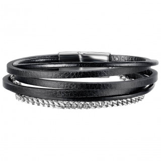 Bracelet homme  lanires de similicuir noir et petite chaine en acier