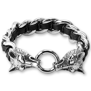 Bracelet homme  maillons de cuir et d'acier avec ttes de loups