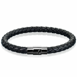 Bracelet homme noir en cuir tress  attache crante