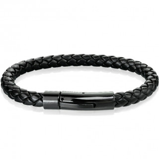 Bracelet homme noir en cuir tress  attache cylindrique