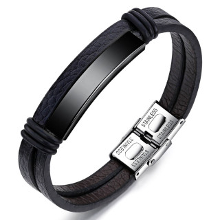 Bracelet homme noir similicuir  plaque dcentre en acier