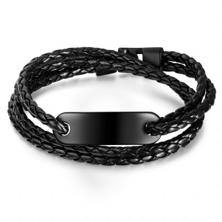 Bracelet homme noir tresse similicuir  plaque