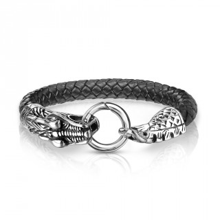 Bracelet homme serpent acier  corps similicuir tress noir