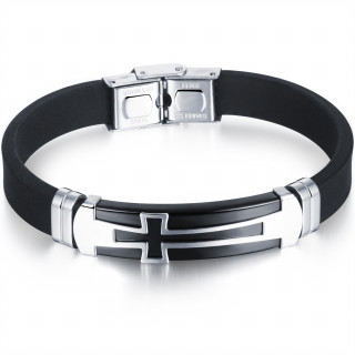 Bracelet homme silicone à plaque croix acier noire et grise