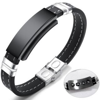 Bracelet homme silicone surpiqu  plaque d'acier noire