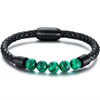 Bracelet homme similicuir tress noir  perles de Malachite