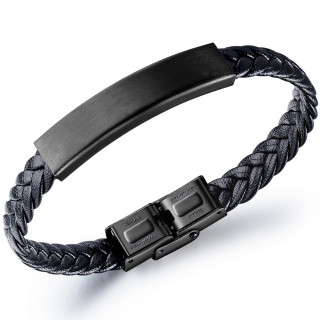 Bracelet homme tresse cuir  plaque noir acier