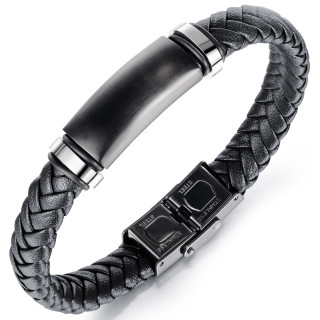 Bracelet homme  tresse noire et plaque bombe en acier