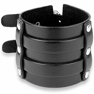 Bracelet large en cuir noir riveté à double ceinture