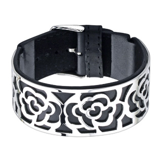 Bracelet semi-rigide en cuir surmonter d'un dcor de roses en acier