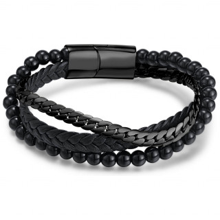 Bracelet triple homme  tresse avec perles et chaine en acier noir