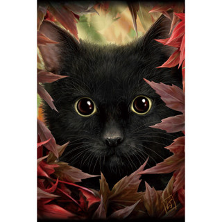 Carte postale Effets 3D  chat noir et feuilles d'automne - Linda Jones