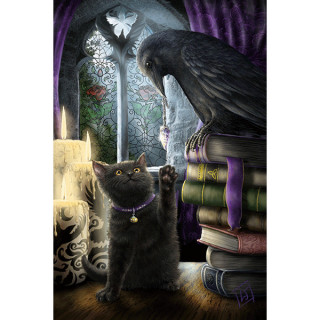 Carte postale Effets 3D chaton et corbeau devant un vitraille - Linda Jones