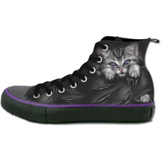 Chaussures gothiques Sneakers femme avec chat gris à griffes sorties et déchirures
