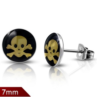 Clous d'oreilles avec tte de mort pirate dore sur fond noir