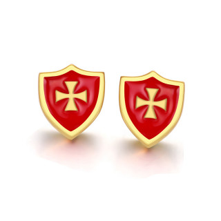 Clous d'oreille acier bouclier rouge et dor  croix de malte