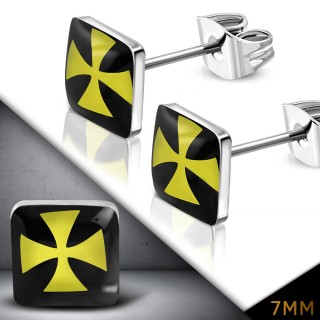 Clous d'oreille carres  croix de malte jaune