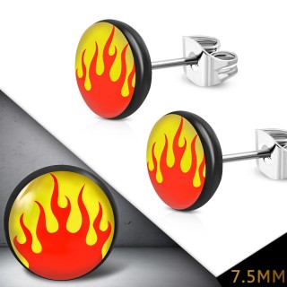 Clous d'oreille noirs  imprim flamming rouge et jaune (Paire)