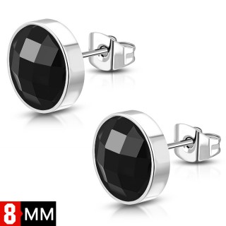 Clous d'oreilles acier ronds  pierres noires facettes