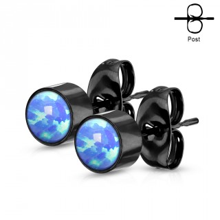 Clous d'oreilles cylindriques noires à Opales Bleues (paire)