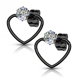 Clous d'oreilles noirs sertis en acier  coeur ouvert