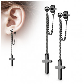 Clous d'oreilles perls en acier Noir  double chane et croix