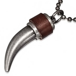 Collier  chaine militaire avec corne en mtal entoure de cuir