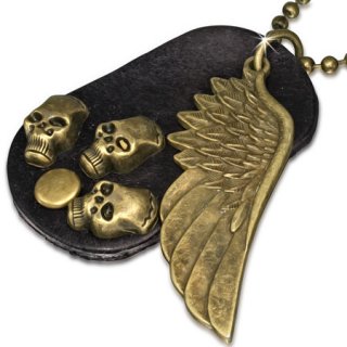 Collier chaine  billes avec aile d'ange et cranes sur pice de cuir