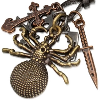 Collier cuir avec araigne, croix, couteau et tte de mort