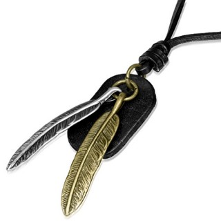 Collier en cuir avec paire de plumes en mtal