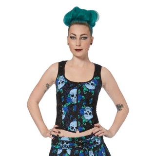 Corset Femme gothique Jawbreaker  cranes et roses bleues sur toile d'araigne