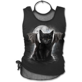 Dbardeur femme  maille filet avec chat noir  ailes et dents de vampire