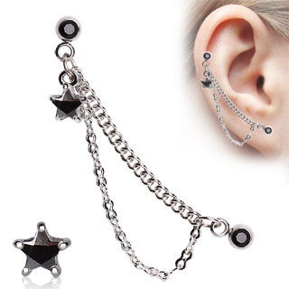 Double piercing cartilage  chaines et toile strass - noir