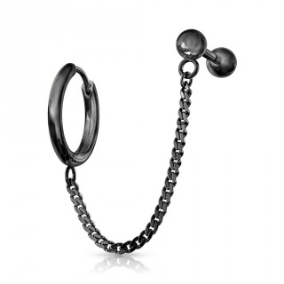 Double piercing d'oreille anneau clip et barbell echains - Noir