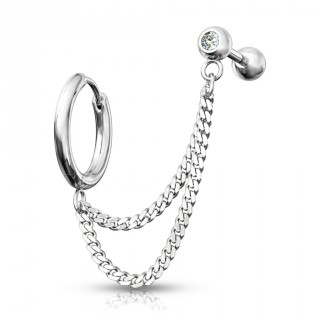 Double piercing d'oreille anneau clip et barbell strass enchains - Inox